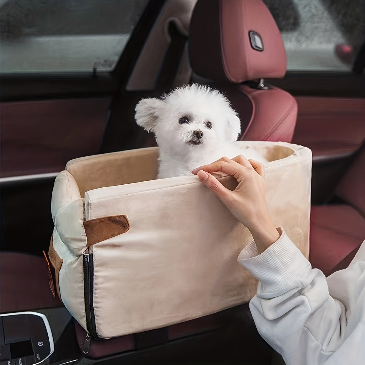 Cozy Pet Bed for Car Travel - Soft Polyester Dog Nest with Plush Brown & White Mat, Secure Zipper Closure, and Large Viewing Window, Perfect for Small to Medium Dogs, Car Travel Accessories