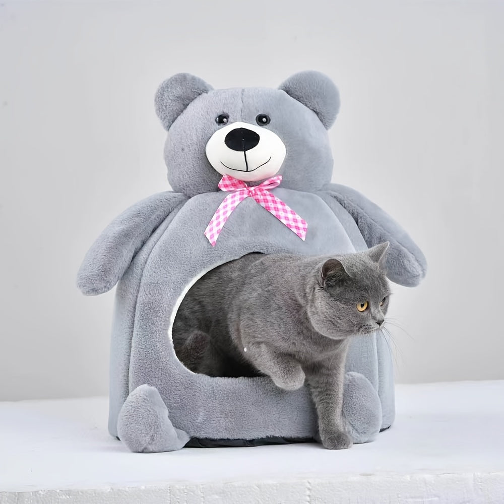 Warm Cozy Portable Pet Bed for Cats & Small Dogs - Semi-Enclosed Nest with Cute Bear Design, Polyester, Contemporary Style