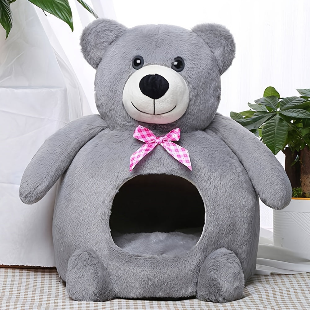 Warm Cozy Portable Pet Bed for Cats & Small Dogs - Semi-Enclosed Nest with Cute Bear Design, Polyester, Contemporary Style