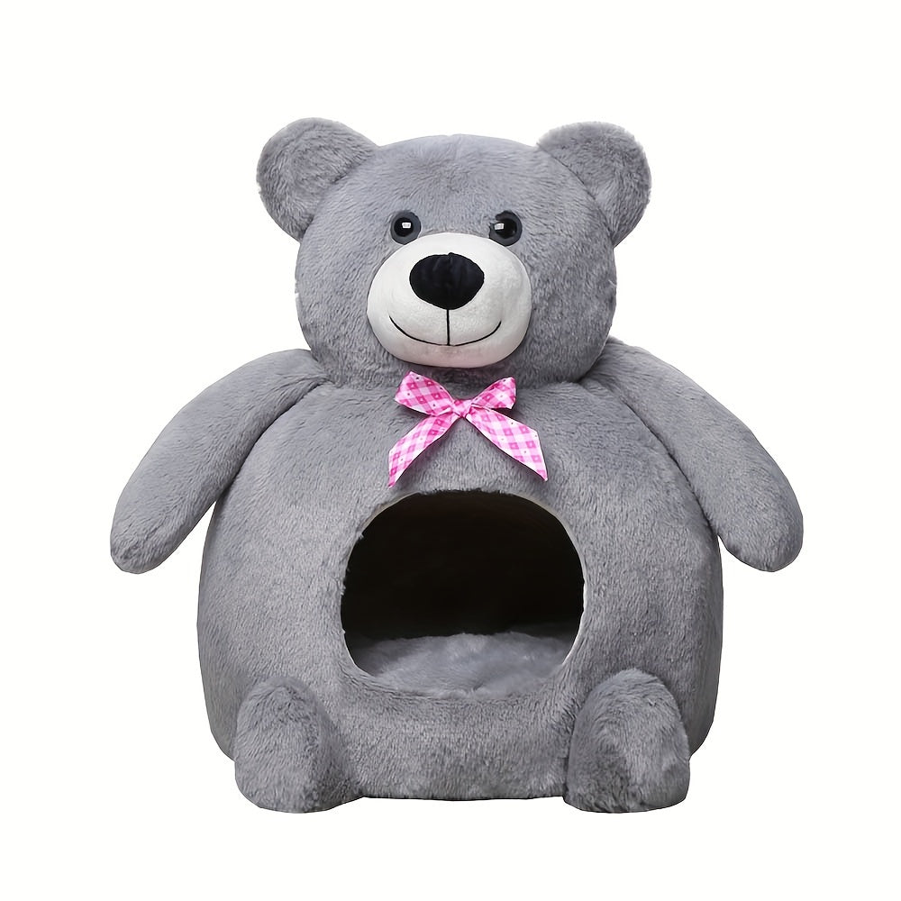 Warm Cozy Portable Pet Bed for Cats & Small Dogs - Semi-Enclosed Nest with Cute Bear Design, Polyester, Contemporary Style