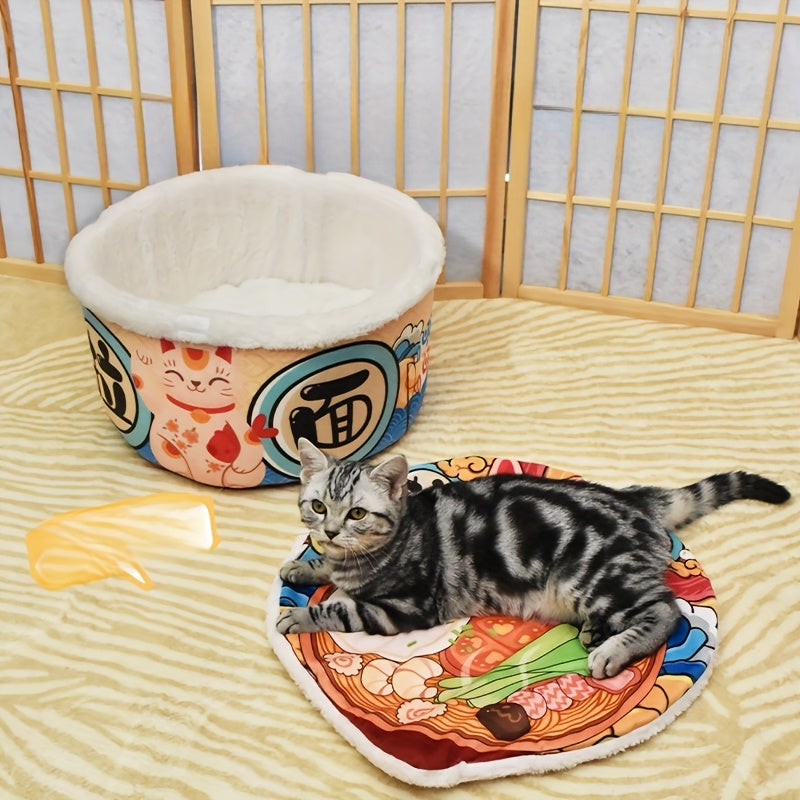 Spacious Ramen Cat Bed - Oversized Semi-Open Design with Plush Bolster, All-Weather Floor Bed for Multi-Cat Households, Polyester Material, Multi-Color Cat Design, Cat Bed for Indoor Cats, Playful Pet Design, Soft Texture