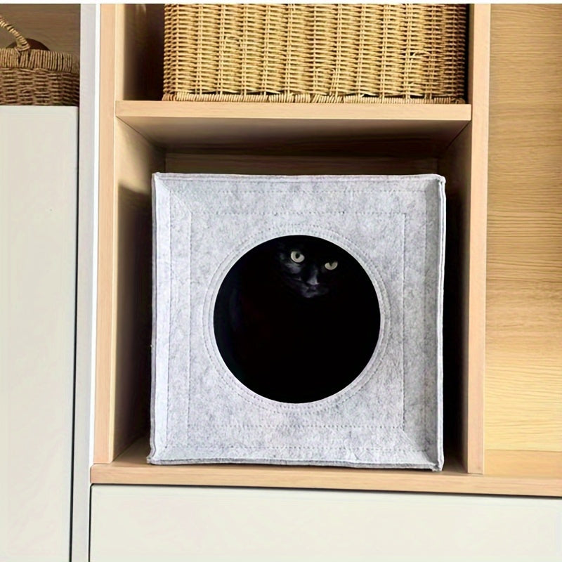 2pcs Felt Cat Bed Combination Pack: 1 Comfortable Felt Cat Bed + 1 Random Coaster - Soft, Washable, Foldable, Semi-enclosed Square Cat Bed Suitable for Cats and Small Dogs - Comfortable for All Seasons, Easy to Assemble, Portable Design