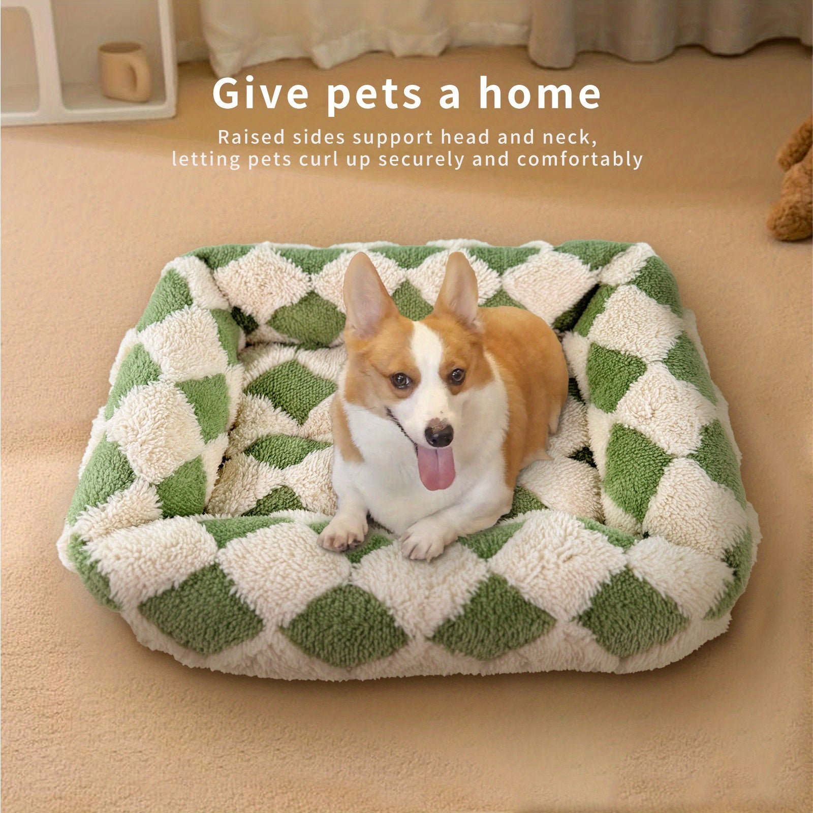 Cozy Plaid Dog Bed - Soft Small Dog Crate Pad with Breathable Anti-Slip Design, Green Checkered Pattern for Puppies & Cats, Extra Small Dog Bed for Indoor Use, Pet Bedding, Checkered Design, Durable Pet Furniture