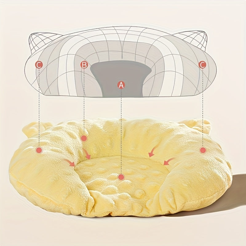 Cozy U-Shaped Cartoon Dog Bed for Small Dogs & Toy Breeds - Soft Polyester Fleece Oval Sleep Pad with Solid Yellow Color, Warm & Durable Design for Deep Sleep & Home Decor, Cute Dog Bed, Fluffy Texture