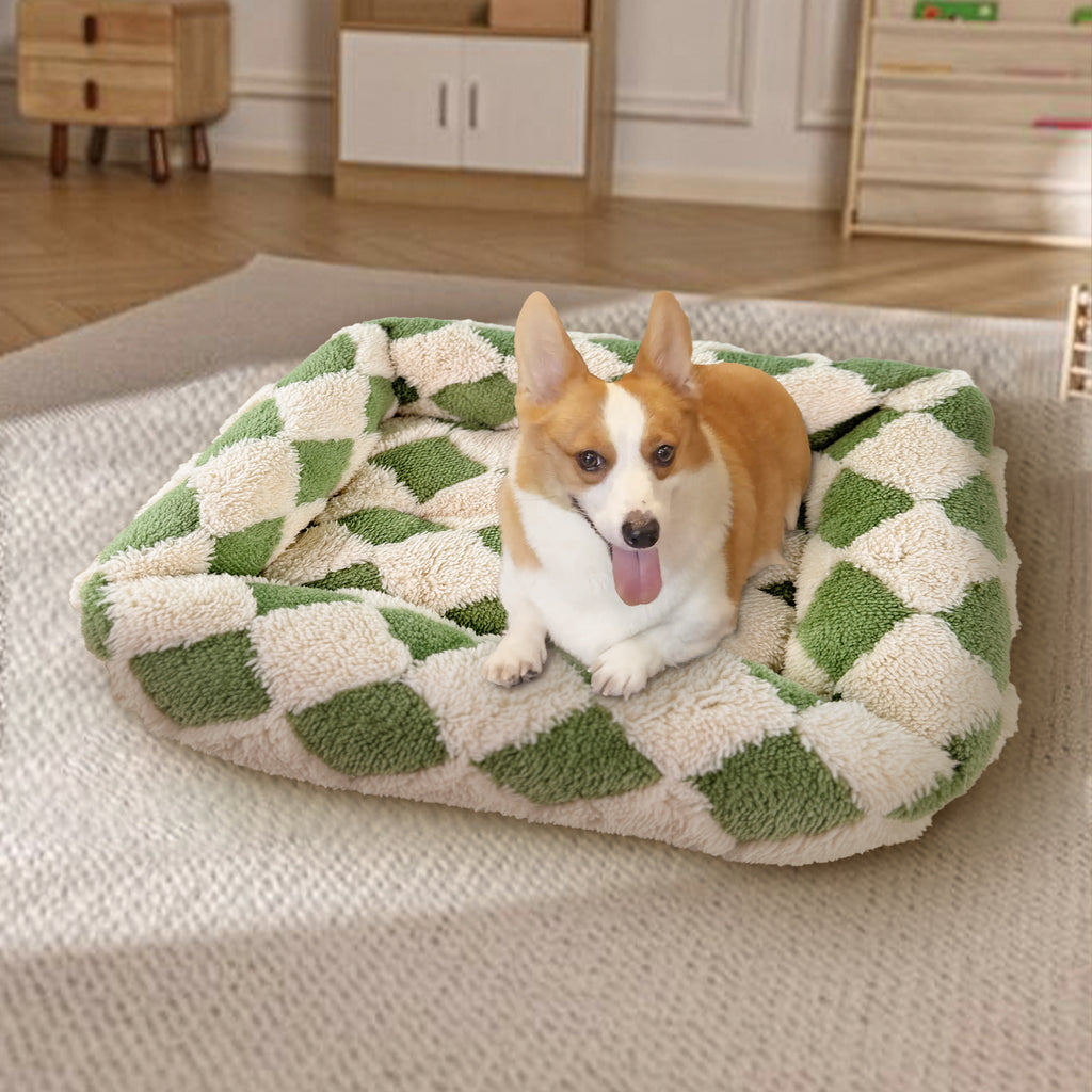 Cozy Plaid Dog Bed - Soft Small Dog Crate Pad with Breathable Anti-Slip Design, Green Checkered Pattern for Puppies & Cats, Extra Small Dog Bed for Indoor Use, Pet Bedding, Checkered Design, Durable Pet Furniture