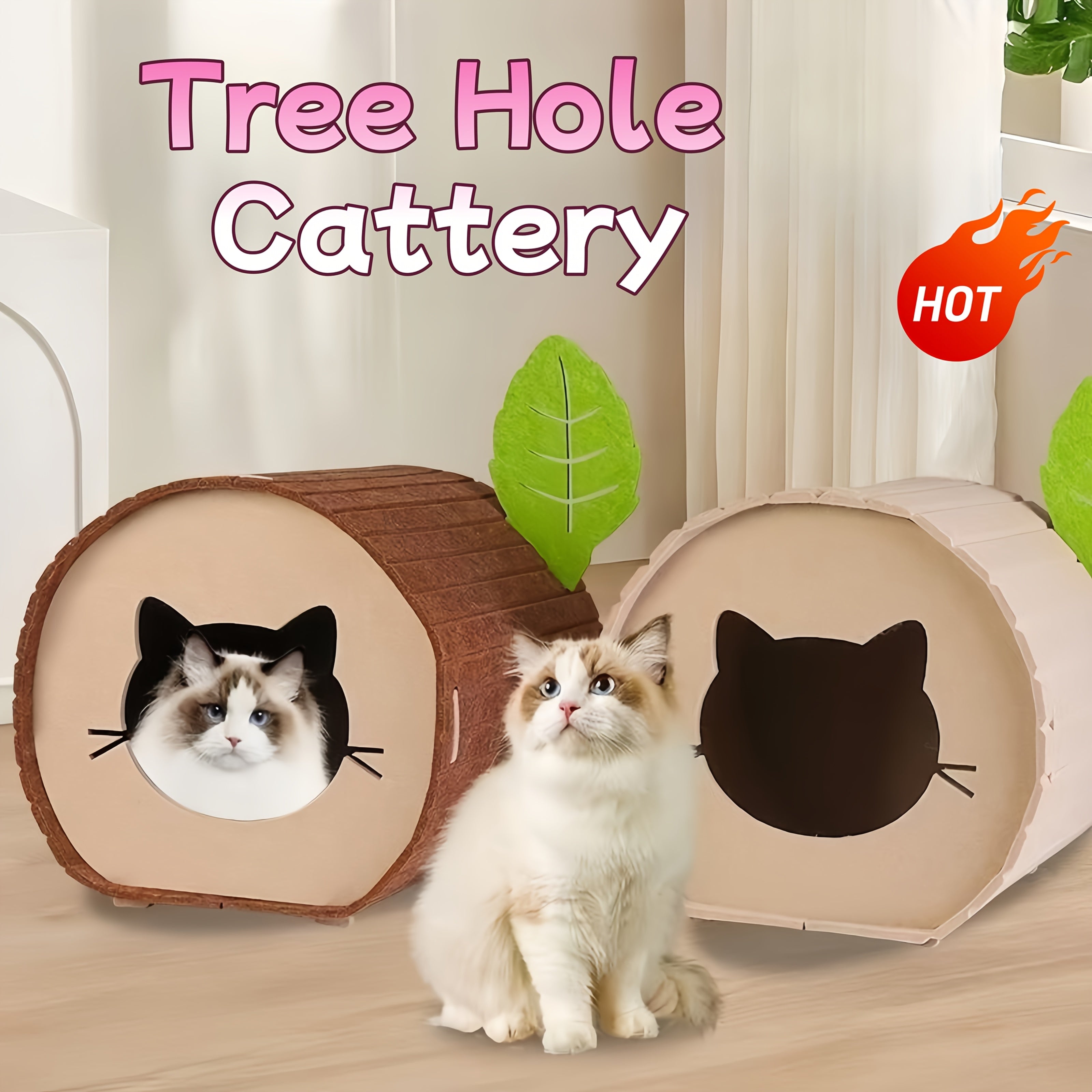 [Cozy Cat Bed] Durable, Cozy Velvet Felt Tree Hole Cat Bed | Classic Style, All-Season, Warm & Cool, Ideal for Multiple Cats, Assembled Cat House, Cat Furniture