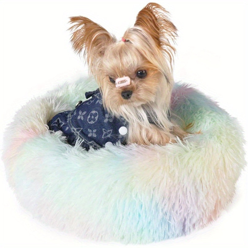 Calming Donut Dog Bed for Small Dogs up to 5 lbs - 15-Inch Round Washable Soft Pet Bed with Plush Polyester, Anxiety Relief & Warm Comfort, Pastel Purple & Pink Indoor Puppy Bed for Chihuahuas, Pomeranians, Shih Tzus - No Assembly Required