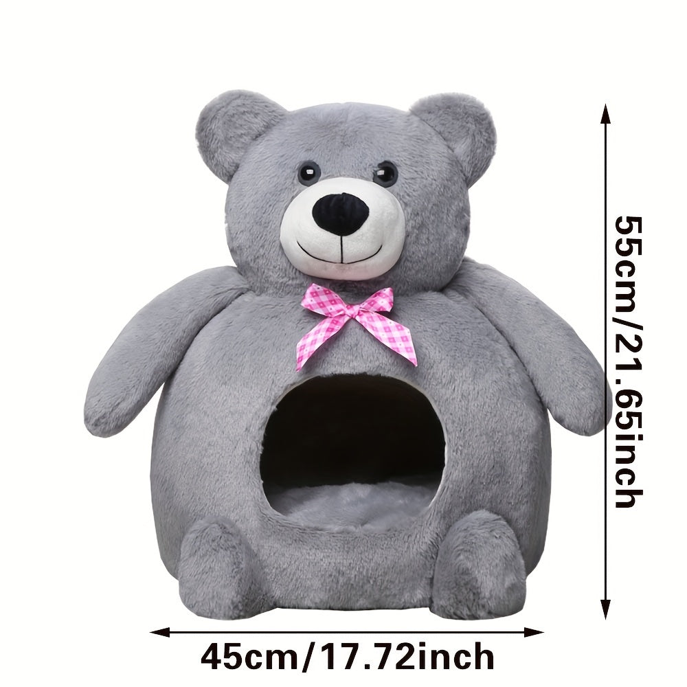 Warm Cozy Portable Pet Bed for Cats & Small Dogs - Semi-Enclosed Nest with Cute Bear Design, Polyester, Contemporary Style