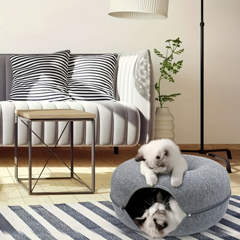 Soft Felt Donut-Shaped Cat Bed with Resin Teeth - Washable, Plush Hidden Pet Nest for All Sizes, Scratching & Resting, Cozy All-Season Home Decor, Cat Furniture Bed, Cozy Cat Bed, Washable Felt Bed