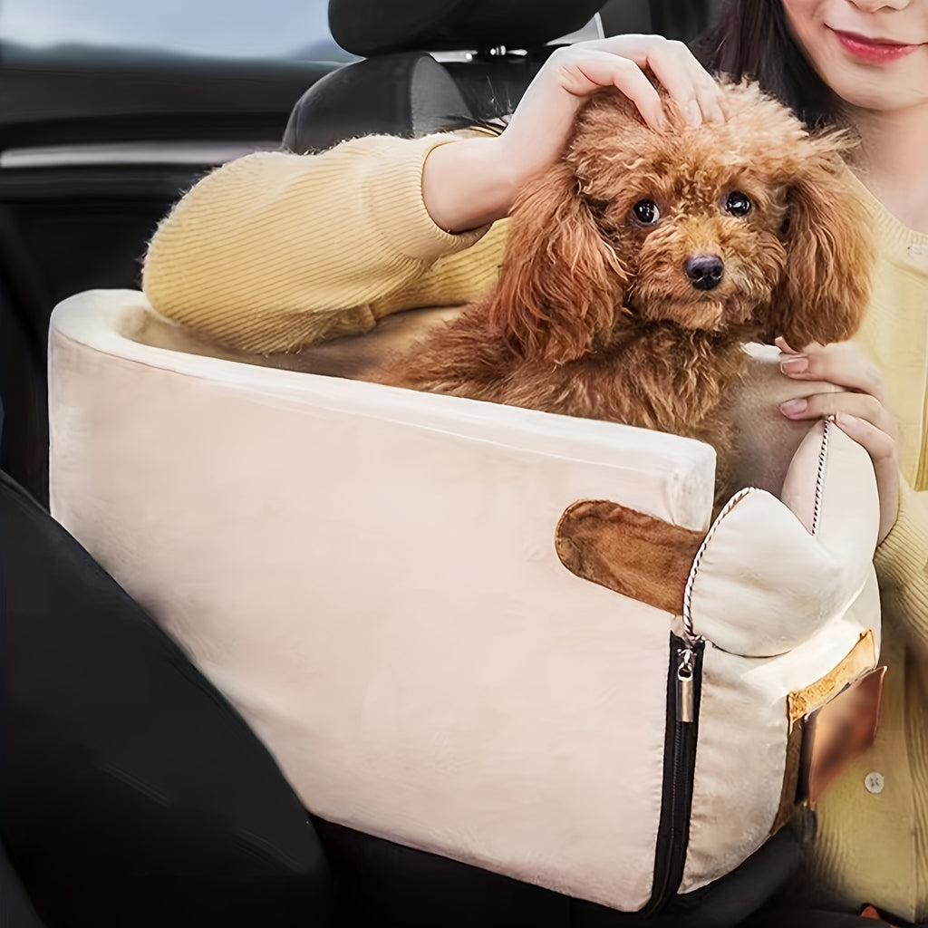 Cozy Pet Bed for Car Travel - Soft Polyester Dog Nest with Plush Brown & White Mat, Secure Zipper Closure, and Large Viewing Window, Perfect for Small to Medium Dogs, Car Travel Accessories