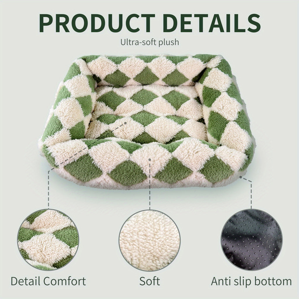 Cozy Plaid Dog Bed - Soft Small Dog Crate Pad with Breathable Anti-Slip Design, Green Checkered Pattern for Puppies & Cats, Extra Small Dog Bed for Indoor Use, Pet Bedding, Checkered Design, Durable Pet Furniture
