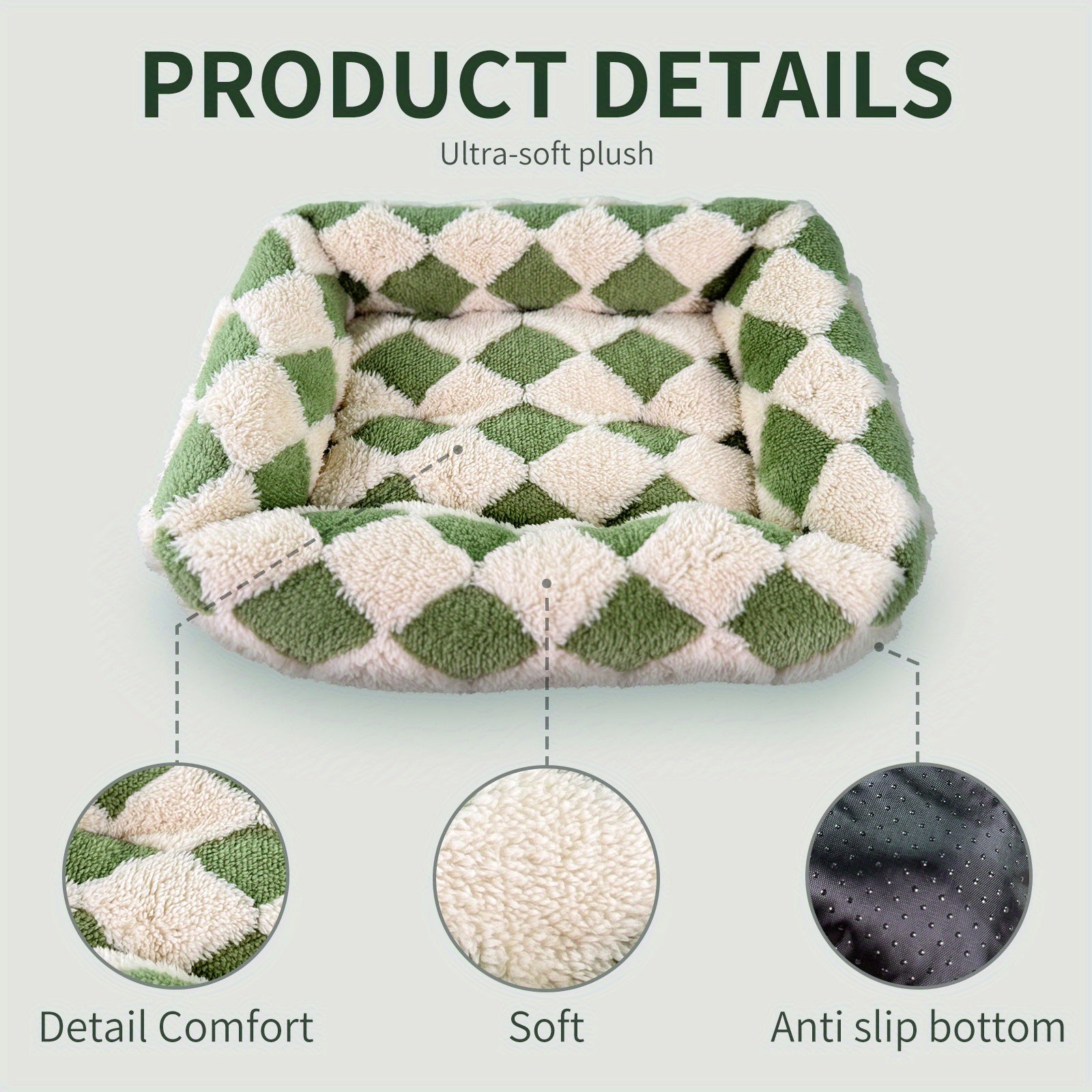 Cozy Plaid Dog Bed - Soft Small Dog Crate Pad with Breathable Anti-Slip Design, Green Checkered Pattern for Puppies & Cats, Extra Small Dog Bed for Indoor Use, Pet Bedding, Checkered Design, Durable Pet Furniture