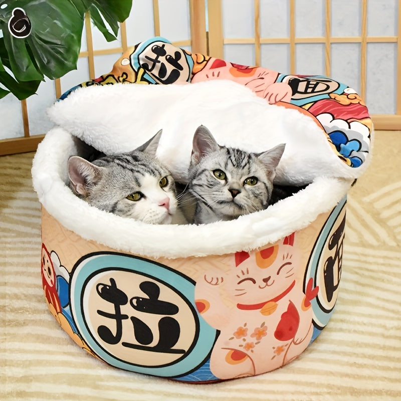 Spacious Ramen Cat Bed - Oversized Semi-Open Design with Plush Bolster, All-Weather Floor Bed for Multi-Cat Households, Polyester Material, Multi-Color Cat Design, Cat Bed for Indoor Cats, Playful Pet Design, Soft Texture